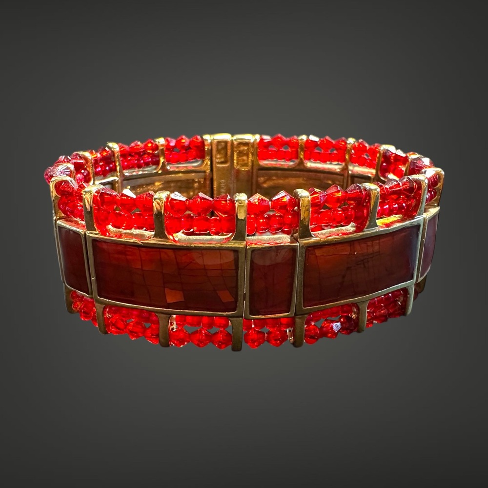 VTG 60s/70s Monet Hinged Bangle Bracelet Red Crystal Accents Gold Tone Statement - Picture 3 of 6